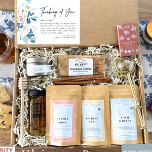 Sympathy Tea Gift Box:  Organic Herbal Tea, Honey, Infuser, Biscotti, Chocolate, and Custom Card