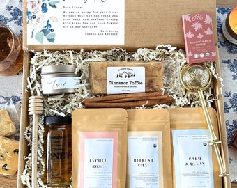 Sympathy Tea Gift Box: Organic Herbal Blend, Honey, Infuser, Biscotti, Chocolate, and Condolence Card