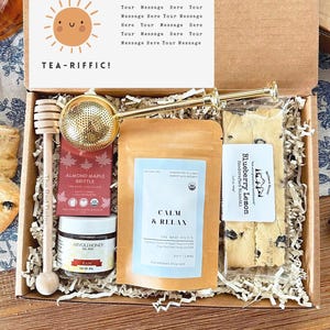 Organic Tea Time Gift Box: Tea, Honey, Biscotti,  Artisan Chocolate, Personalized Card