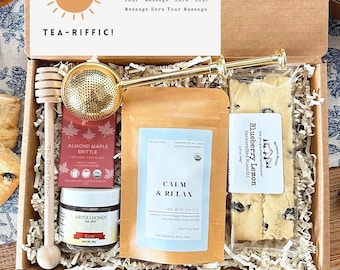 Organic Tea Time Gift Box: Tea, Honey, Biscotti,  Artisan Chocolate, Personalized Card