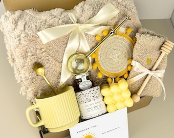 Cozy Self Care Package with Blanket, Tea, Mug Candle | Encouragement Thinking of You Feel Better Gift for Her