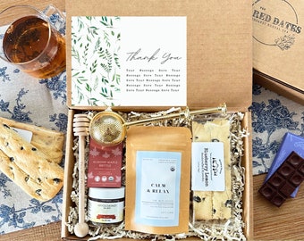 Tea Gift Box with Chocolate, Chai Biscotti, Gold Tea Infuser, Honey & Dipper, and Card | Thank you Thinking of You Gift Wellness Her Mother