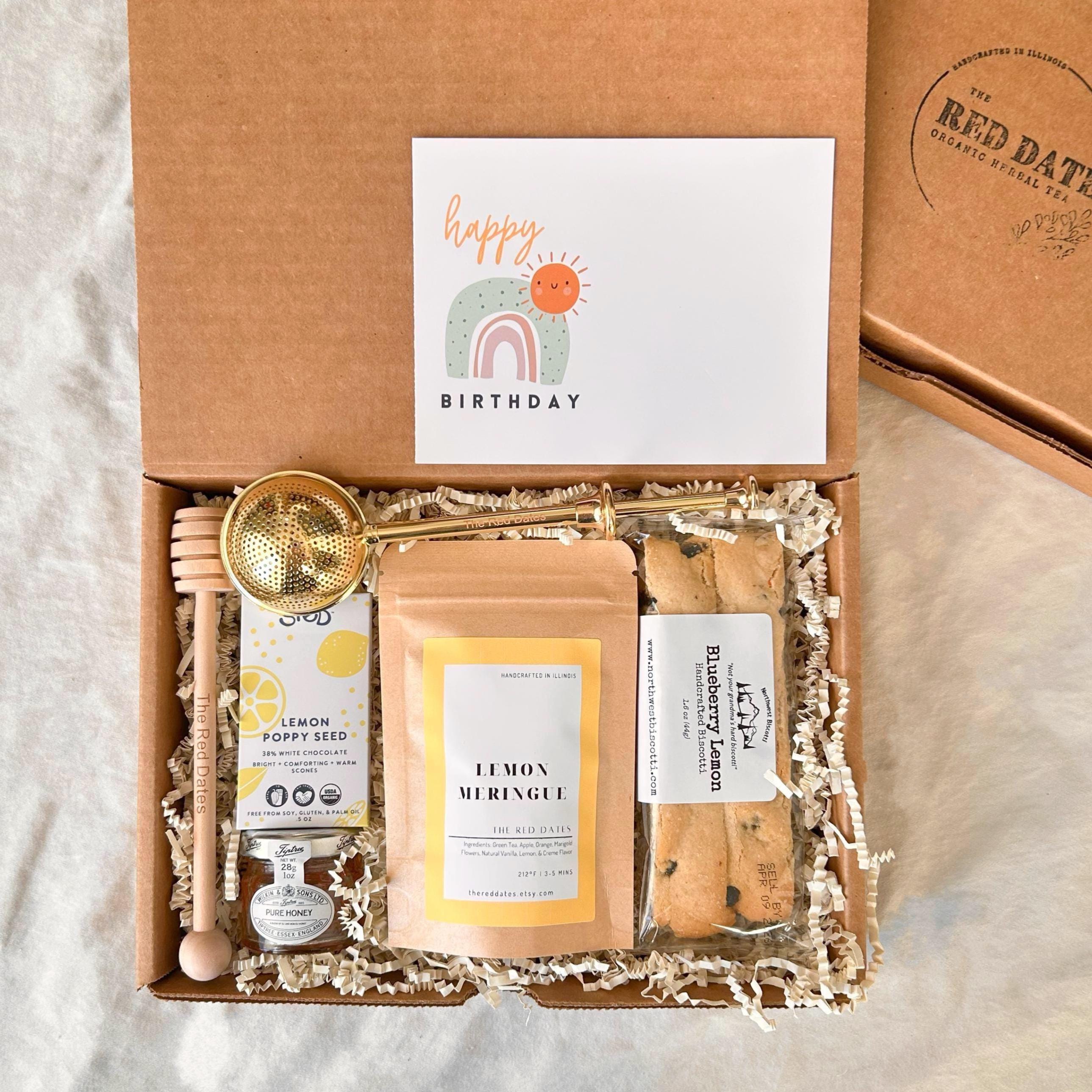 Organic Tea Gift Box: Infuser, Honey & Dipper, Biscotti, Artisan Chocolate, and Personalized Card