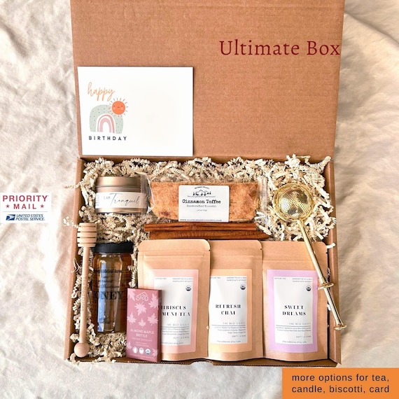 Organic Tea Care Gift Box - Honey & Dipper, Infuser, Biscotti, Candle | Personalized Card | Birthday Get Well Soon...