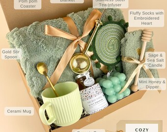 Birthday Gift for Friend | Cozy Tea Experience Thoughtful Care Package with Blanket, Candle 40th 50th 60th 70th 80th