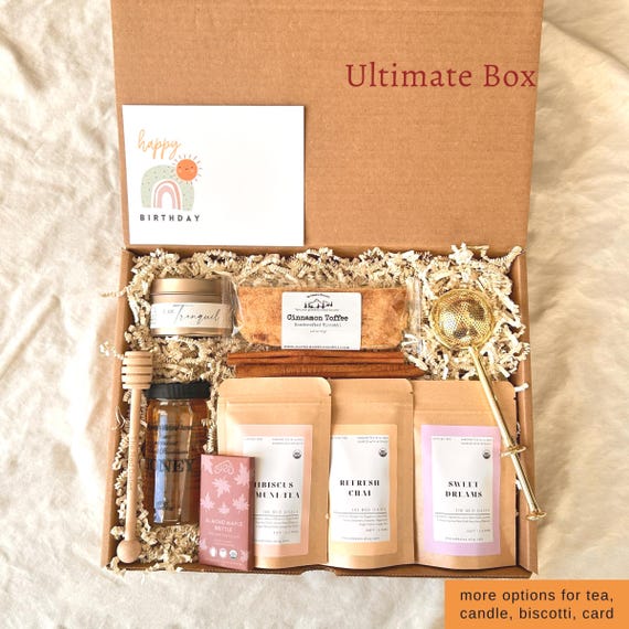 Organic Tea Care Gift Box - Honey & Dipper, Infuser, Biscotti, Candle | Personalized Card | Birthday Get Well Soon...
