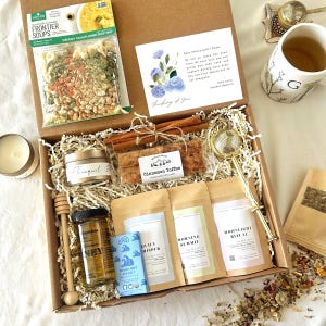 Sympathy Tea Gift Box: Organic Herbal Tea, Infuser, Honey, Biscotti, Candle & Condolences Card