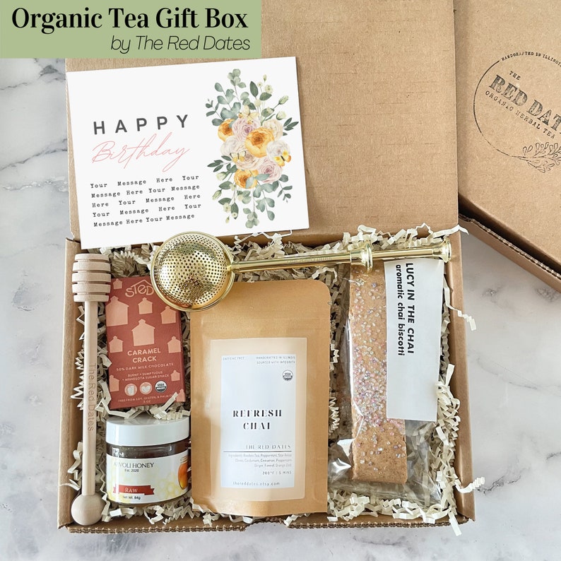 Tea Gift Box with Chocolate, Chai Biscotti, Gold Tea Infuser, Honey & Dipper, and Card Thank you Thinking of You Gift Wellness Her Mother image 1