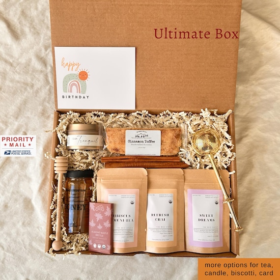 Organic Tea Care Gift Box - Honey & Dipper, Infuser, Biscotti, Candle | Personalized Card | Birthday Get Well Soon...