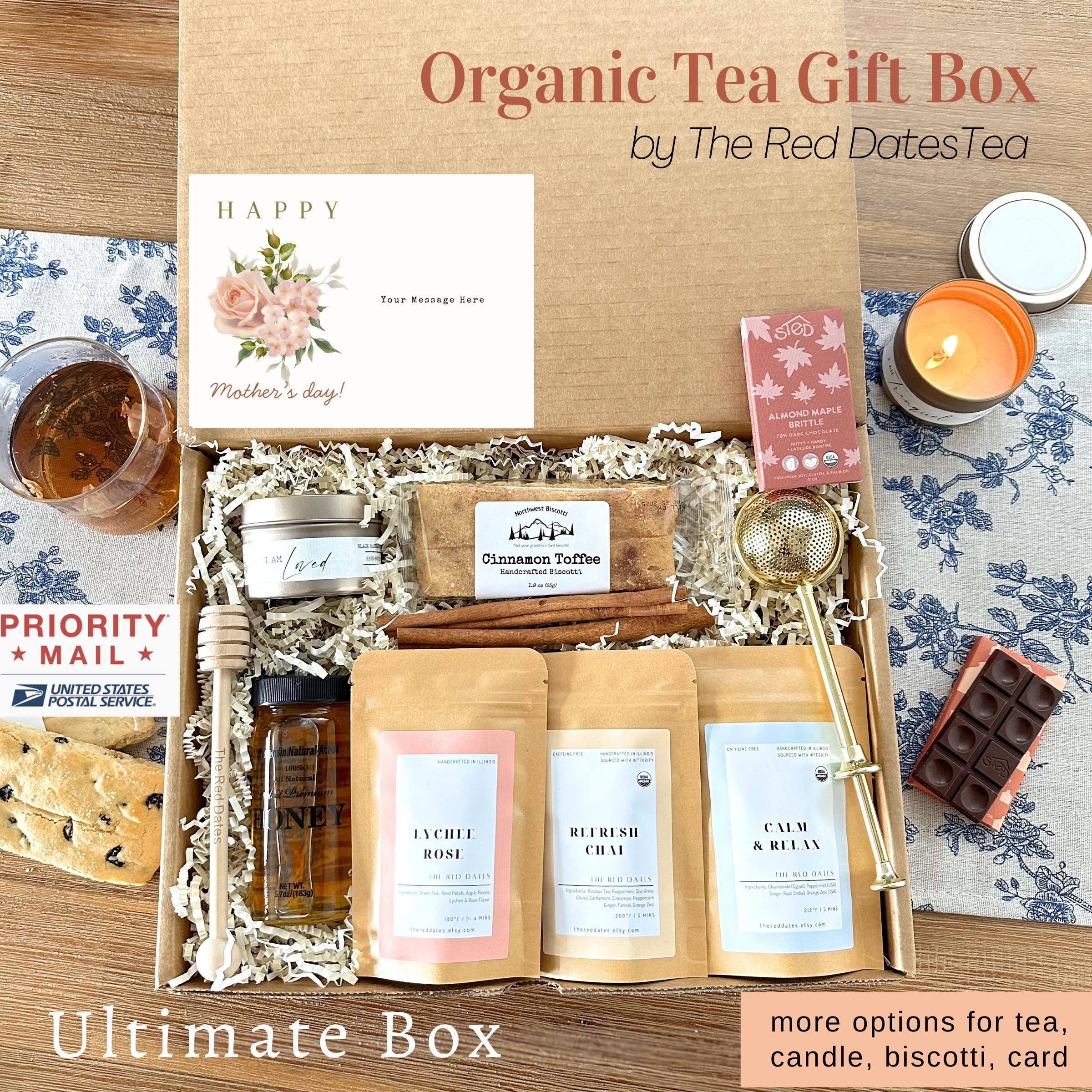 Organic Tea Gift Box: Tea Infuser, Honey and dipper, Biscotti, Candle & Personalized Card