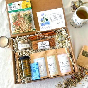 Sympathy Tea Gift Box: Organic Herbal Tea, Infuser, Honey, Biscotti, Candle & Condolences Card
