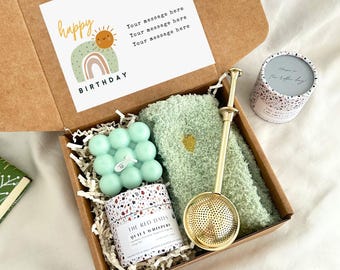 Caja de regalo de cumpleaños / Té orgánico, vela, calcetines, infusor, tarjeta personalizada