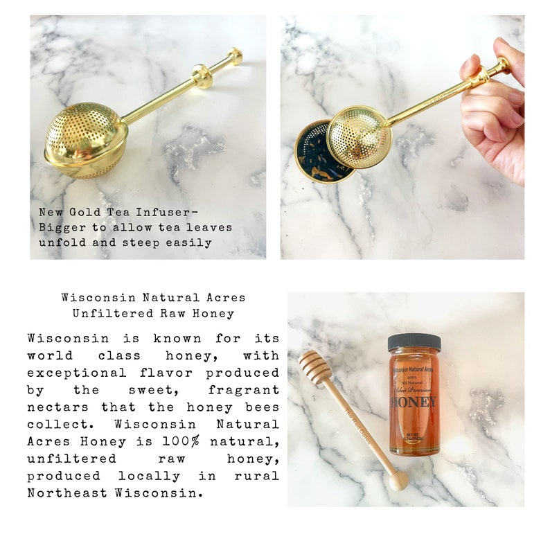 May include: A gold-colored metal tea infuser with a spherical mesh head and a long handle, alongside a glass jar of Wisconsin Natural Acres Unfiltered Raw Honey with a black lid and a wooden honey dipper, featuring text about the honey's origin.