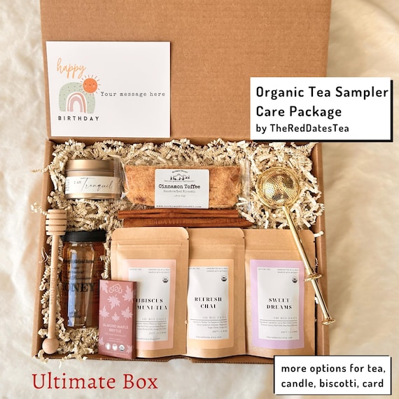 Organic Tea Care Gift Box - Honey & Dipper, Infuser, Biscotti, Candle | Personalized Card | Birthday Get Well Soon...