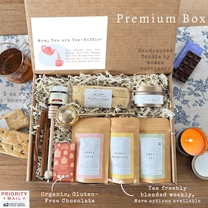 Organic Tea Gift Box | Unique Mother's Day Gift | Blended in Small Batches | Infuser, Chocolate, Biscotti, Candle | Pamper Her Care Package