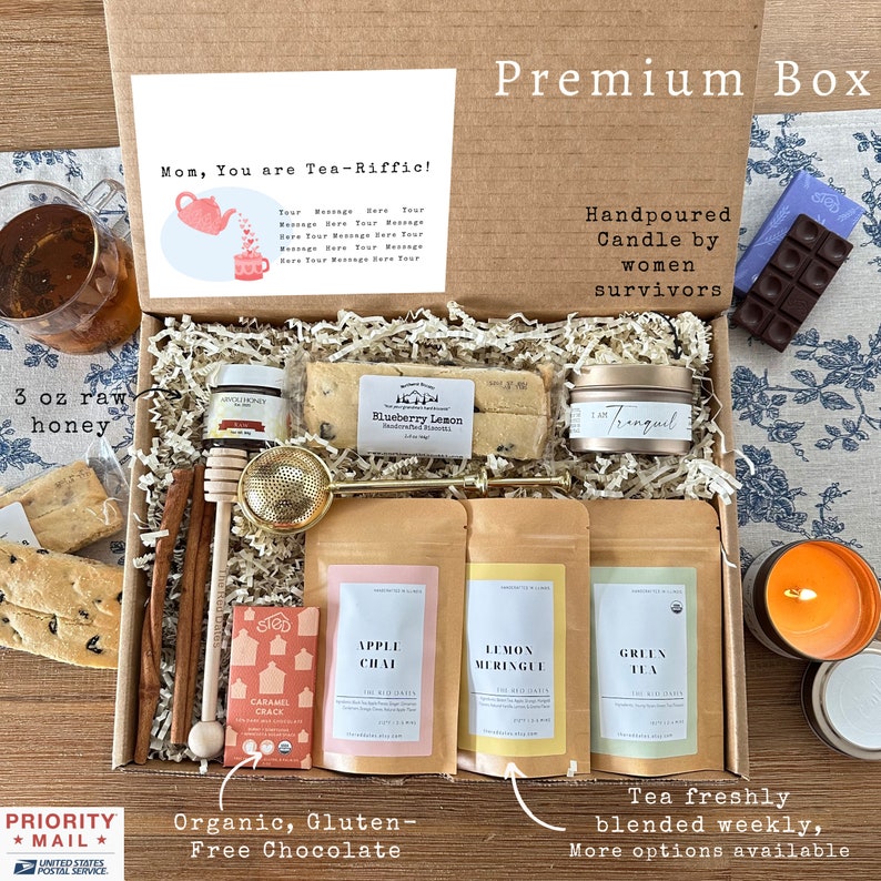 Organic Tea Gift Box Tea Blended in Small Batches Infuser, Chocolate, Biscotti, Candle Birthday Thank You Mother's Day Care Package image 2