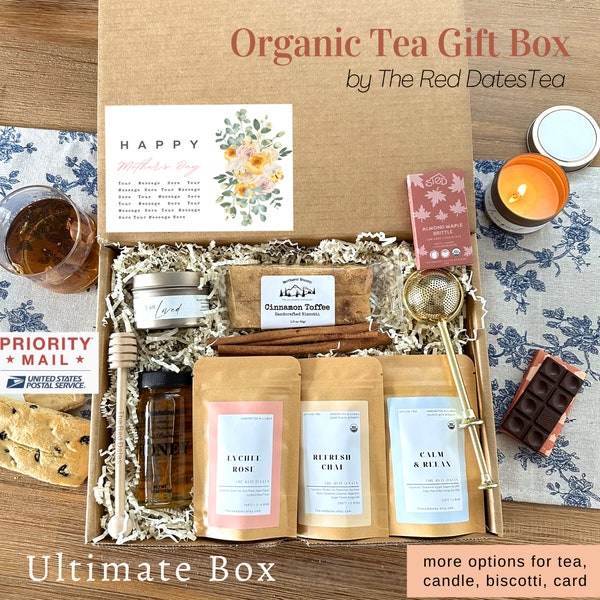 Caja de regalo de té orgánico / Té mezclado en pequeños lotes / Infusor, Chocolate, Biscotti, Vela / Cumpleaños Gracias Paquete de cuidado del Día de la Madre
