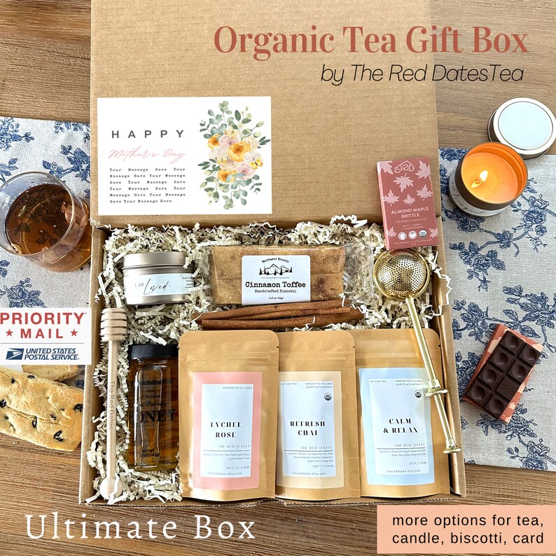 Organic Tea Gift Box Tea Blended in Small Batches Infuser, Chocolate, Biscotti, Candle Birthday Thank You Mother's Day Care Package image 1