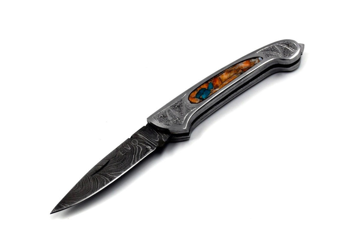 Custom Handmade Folding Knife spiny Oyster and Turquoise Stone Handle