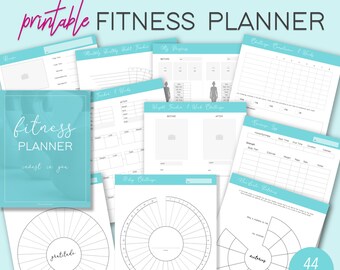 May include: Printable fitness planner with 44 pages. The planner includes sections for tracking weight, exercise, nutrition, and mental wellness. The pages are designed with a light blue and white color scheme.