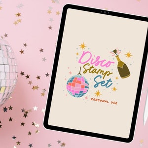 Procreate Disco Ball Themed Stamp Set / Digital Art Resources, mirrorball, Champagne bottle, confetti art stamps / PERSONAL USE STAMP