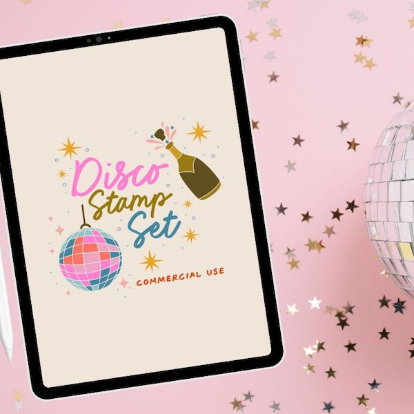 Procreate Disco Ball Themed Stamp Set / Ressources d’art numérique, boule à facettes, bouteille de champagne, timbres d’art confettis / TIMBRE À USAGE COMMERCIAL