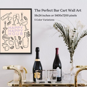 HAPPY Happy Hour Bar Cart Art Print Decor - Cocktails, Alcohol, wijn, bier, sterke drank Design Art, Bar Cart Decor Art, eclectische Bar Cart Art
