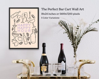 HAPPY Happy Hour Bar Cart Art Print Decor - Cocktails, Alcohol, Wine, Beer, Spirits Design Art, Bar Cart Decor Art, Eclectic Bar Cart Art