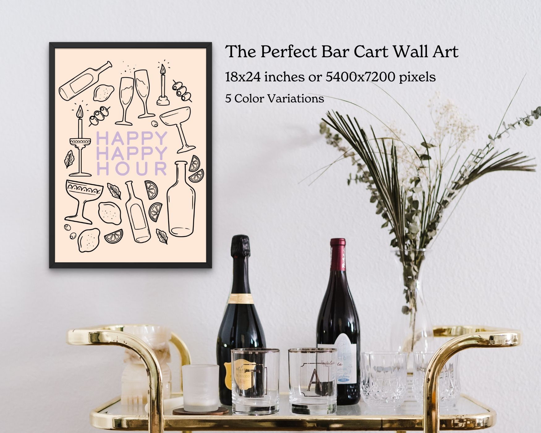 HAPPY Happy Hour Bar Cart Art Print Decor - Cocktails, Alcohol, Wine ...
