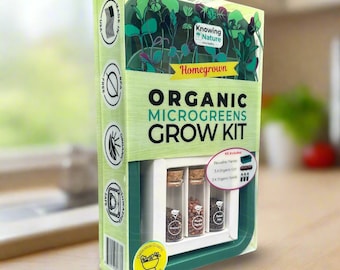 May include: An organic microgreens grow kit in a green and white box. The box includes a reusable planter, organic soil, and organic seeds. The kit is labeled "Knowing Nature" and "Homegrown". The box also has the text "Delicious Greens in Just Days".
