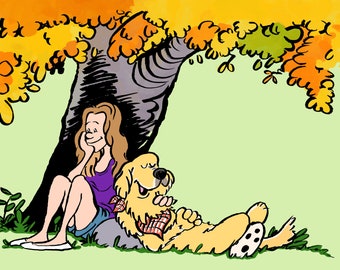 Custom Calvin & Hobbes Under a Tree - Portrait From Your Photos - Hand Drawn Original Illustration - Family or Pet Personalized Gift