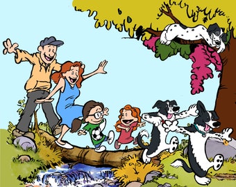 Family Portrait in the style of Calvin & Hobbes - Personalized From Your Photos - Hand Drawn Original Illustration