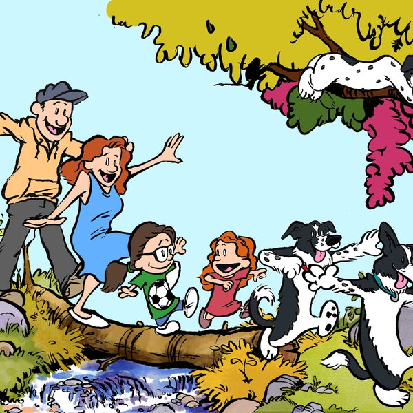 Family Portrait in the style of Calvin & Hobbes - Personalized From Your Photos - Hand Drawn Original Illustration