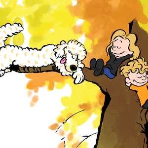 Calvin & Hobbes personalizado bajo un árbol: retrato a partir de tus fotos: ilustración original con pinceladas elegantes: regalo personalizado para tu familia o mascota