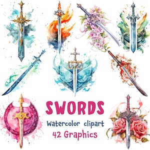 Swords and Katanas Watercolor Clipart, Ancient Sword Blades, 42 SVG, 42 PNG ( transparent background) | Digital Download | Commercial Use