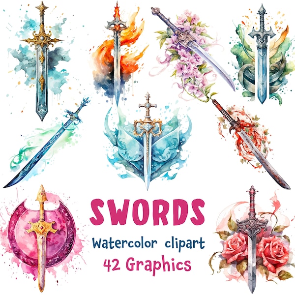 Swords and Katanas Watercolor Clipart, Ancient Sword Blades, 42 SVG, 42 PNG ( transparent background) | Digital Download | Commercial Use