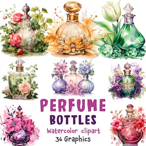 Aquarell Parfüm Flasche Clipart: Blumen Kollektion (36 PNG, SVG)