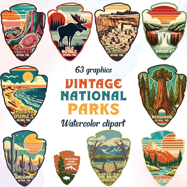 Parques Nacionales Vintage 63 de EE. UU. SVG, Parques Nacionales Retro Todos los Parques Nacionales de los Estados Unidos de América, Servicio de Parques Nacionales, Uso Comercial