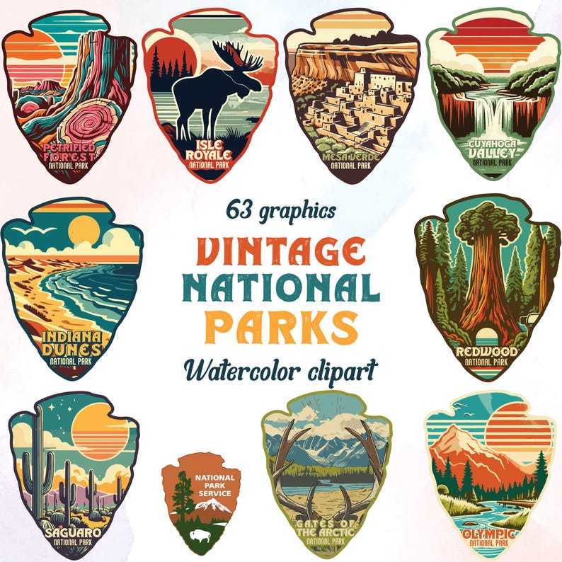 Puede incluir: 63 ilustraciones de acuarela de logotipos de parques nacionales vintage. Cada logotipo es una flecha estilizada de colores con un dise&ntilde;o &uacute;nico que representa un parque nacional diferente. Los logotipos incluyen nombres como "Bosque Petrificado", "Isla Royale", "Mesa Verde", "Valle de Cuyahoga", "Dunas de Indiana", "Redwood", "Saguaro", "Puertas del &Aacute;rtico" y "Ol&iacute;mpico".