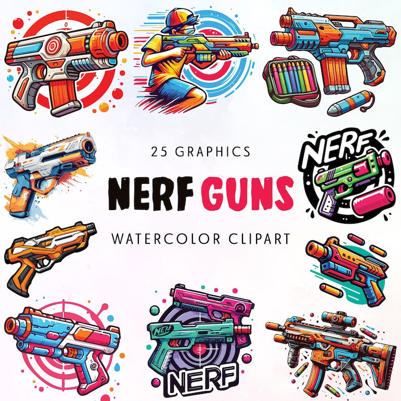 Nerf Guns Watercolor Clipart, Kids Toy Svg, Foam Darts, Nerf Target ...