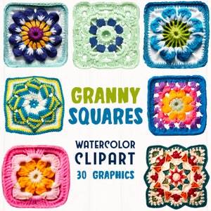 Watercolor Granny Squares Clipart: 30 PNG & SVG Patterns (Digital Download)