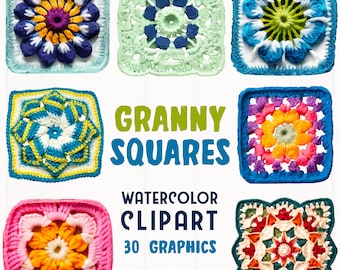 May include: A set of 30 watercolor clipart images of granny squares in various colors and patterns. The text "Granny Squares Watercolor Clipart 30 Graphics" is displayed below the images.