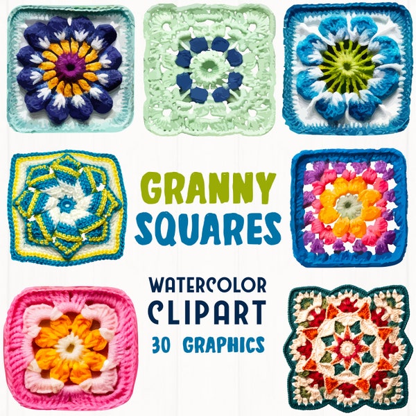 Granny Squares Watercolor Clipart, Granny Square Patterns, 30 SVG, 30 PNG (Transparent background) | Digital Download | Commercial Use