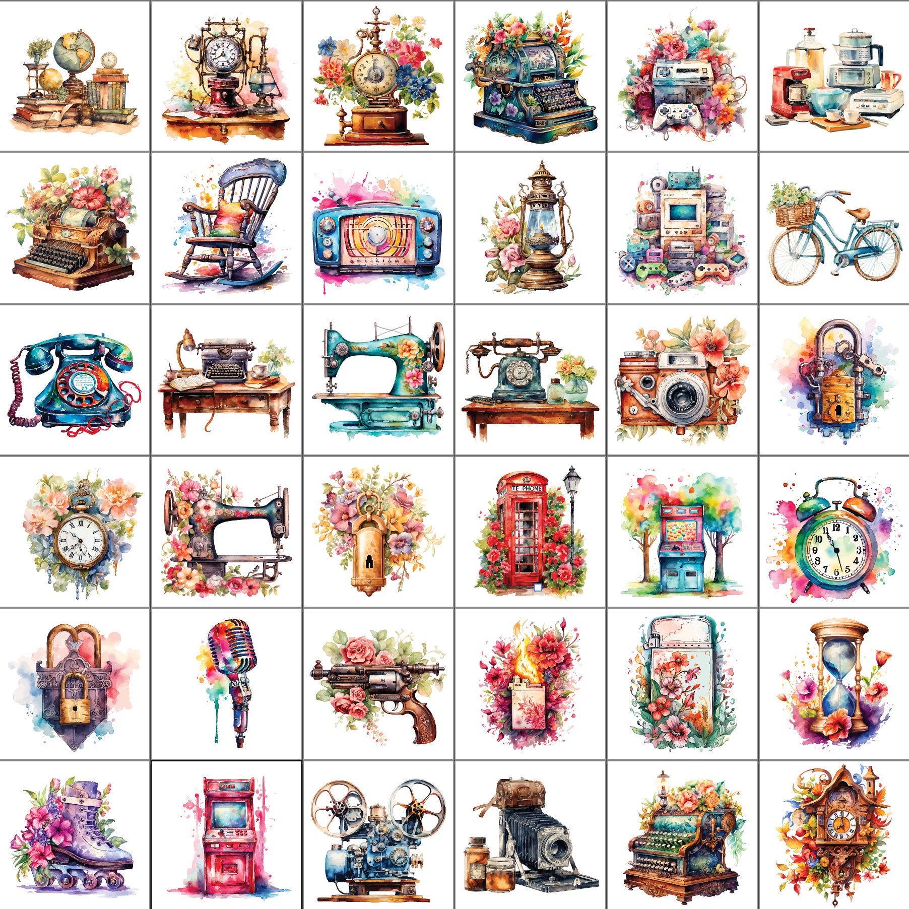 Vintage Items Watercolor Clipart, Retro Devices, Vintage Typewriter ...