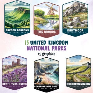 Alle 15 Vereinigten Königreich Nationalparks Aquarell Clipart, UK Nationalpark zu besuchen, Snowdonia Nationalpark, SVG & PNG, Kommerzielle Nutzung
