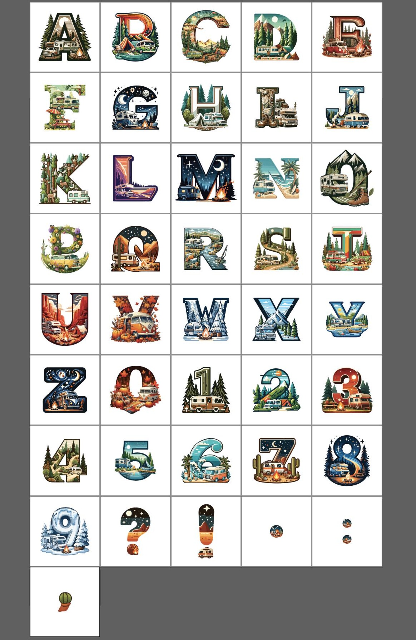 Cartoon Rv Letters Watercolor RV Camping Alphabet Clipart: RV Font, Recreational Vehicle ...