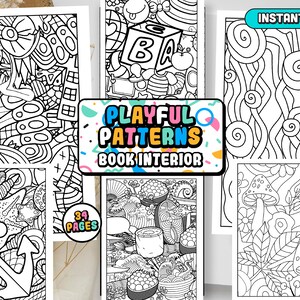以下が含まれることがあります： 「Playful Patterns Book Interior」というタイトルの白黒の塗り絵。この本には、塗り絵用の複雑なパターンとデザインが34ページ含まれています。