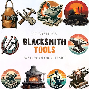 May include: 20 watercolor clipart graphics of blacksmith tools. The images include an anvil, a horseshoe, a hammer, tongs, a forge, and a leather apron.