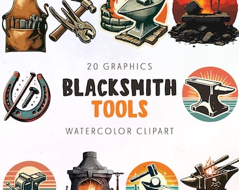 Watercolor Blacksmith Tools Clipart: Retro blacksmith, Forge, Anvil, Hammer, retro metalworker (20 Designs) (PNG, SVG)