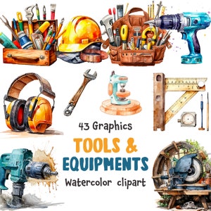 Gereedschappen en apparatuur aquarel clipart, boren kettingzaag sleutel, tools bundel, tools svg, 43 SVG, 43 PNG, digitale download | Commercieel gebruik